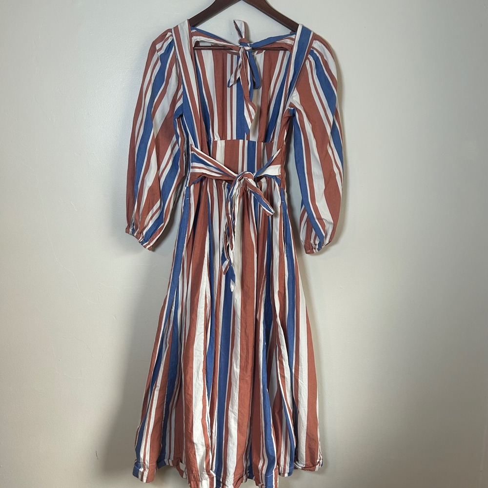Free People Free-est Midi Dress Womens XS Rust Blue White Striped Puff Sleeve - Picture 2 of 4